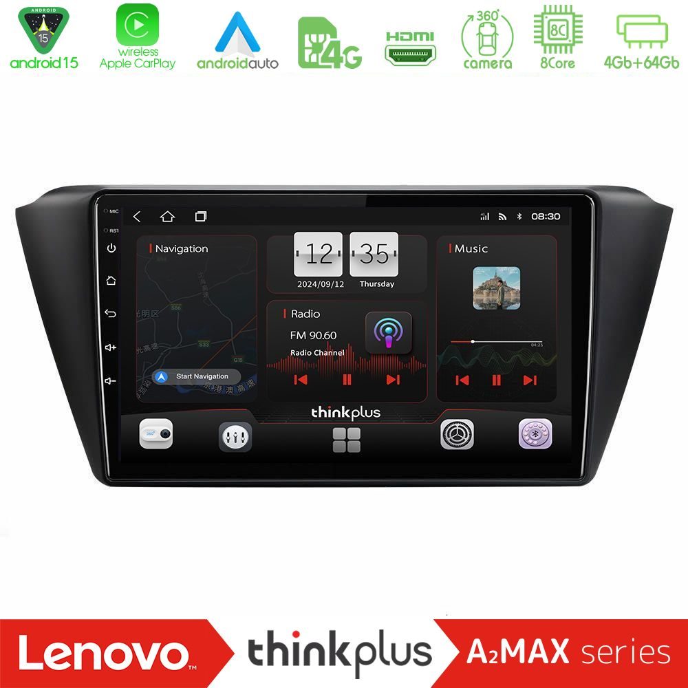 Lenovo Thinkplus A2MAX Series 8Core Android15 4+64GB  Skoda Fabia 2015-2021 Navigation Multimedia Tablet 9"