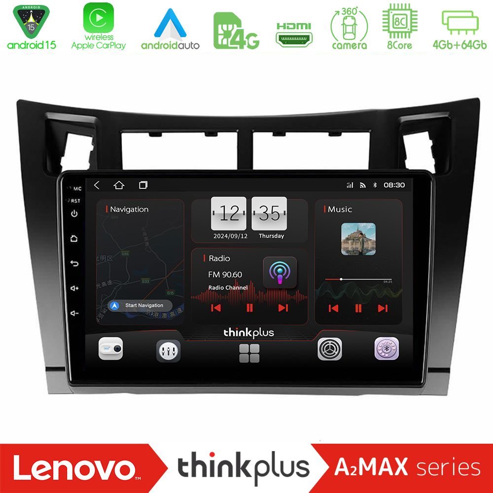 Lenovo Thinkplus A2MAX Series 8Core Android15 4+64GB  Toyota Yaris Navigation Multimedia Tablet 9" (Μαύρο Χρώμα)