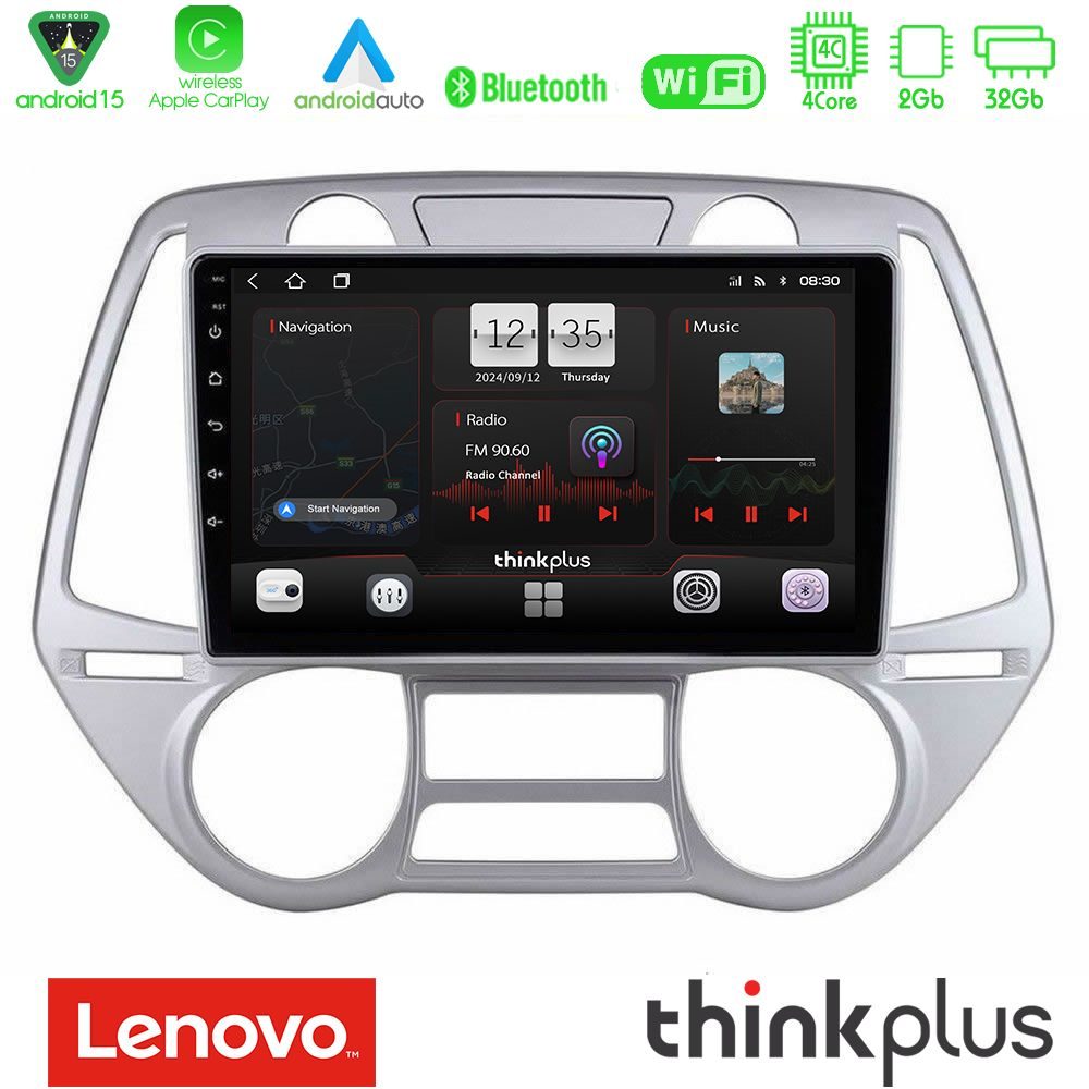Lenovo Thinkplus Series 4Core Android15 2+32GB  Hyundai i20 2009-2012 Auto A/C Navigation Multimedia Tablet 9" Με Carplay & Android Auto