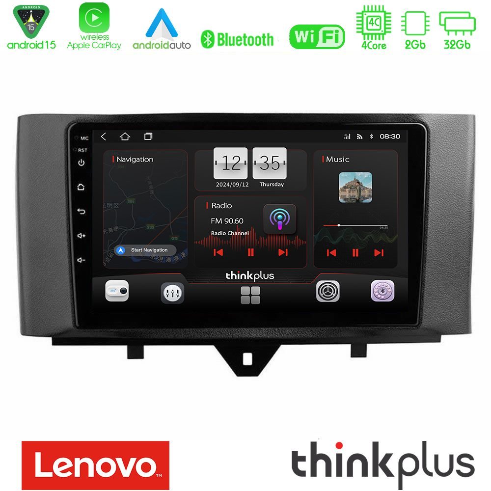 Lenovo Thinkplus Series 4Core Android15 2+32GB Smart 451 Facelift Navigation Multimedia Tablet 9" Με Carplay & Android Auto