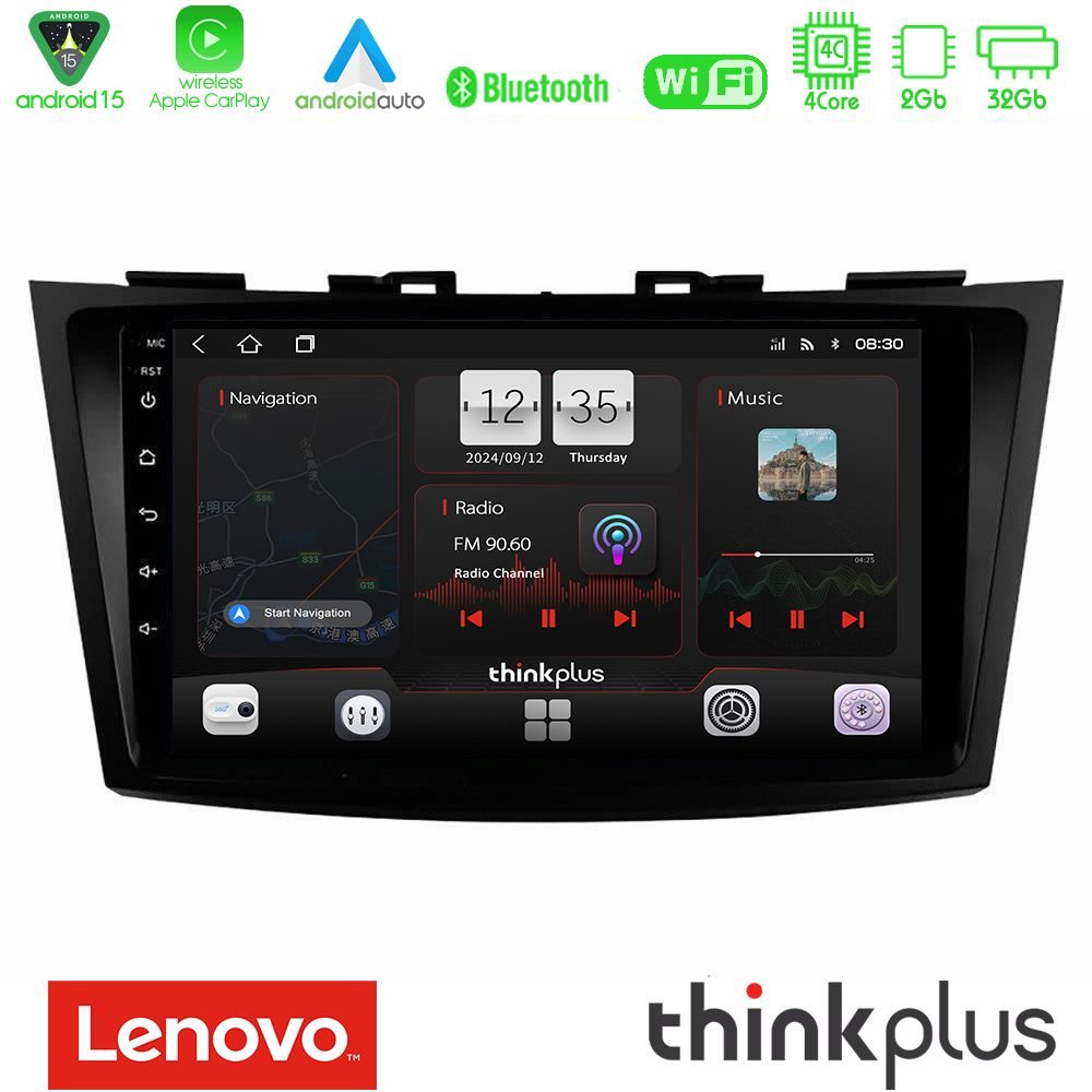 Lenovo Thinkplus Series 4Core Android15 2+32GB Suzuki Swift 2011-2016 Navigation Multimedia Tablet 9" Με Carplay & Android Auto