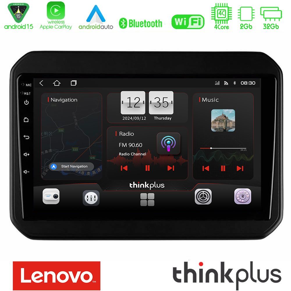 Lenovo Thinkplus Series 4Core Android15 2+32GB Suzuki Ignis Navigation Multimedia Tablet 9" Με Carplay & Android Auto
