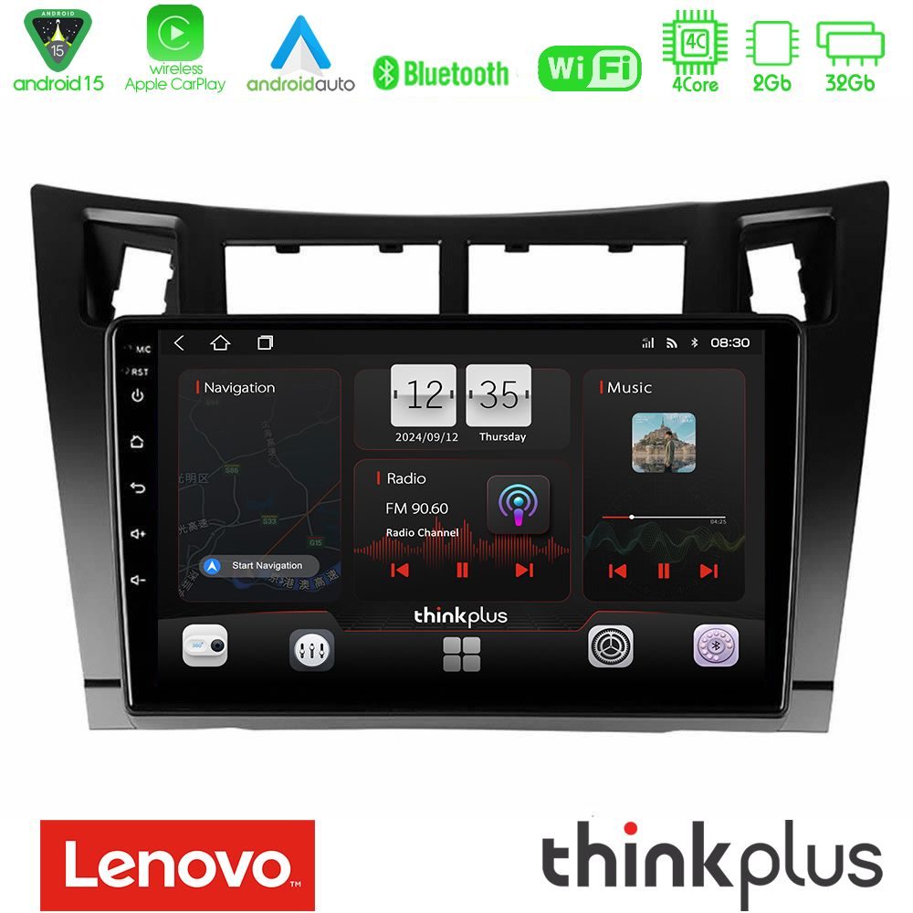Lenovo Thinkplus Series 4Core Android15 2+32GB  Toyota Yaris Navigation Multimedia Tablet 9" (Μαύρο Χρώμα) Με Carplay & Android Auto