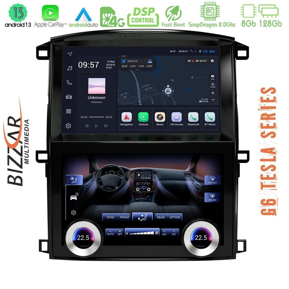 Bizzar Toyota Land Cruiser J100 Android 13 (8+128GB) Tesla Multimedia Station Double Screen 10"