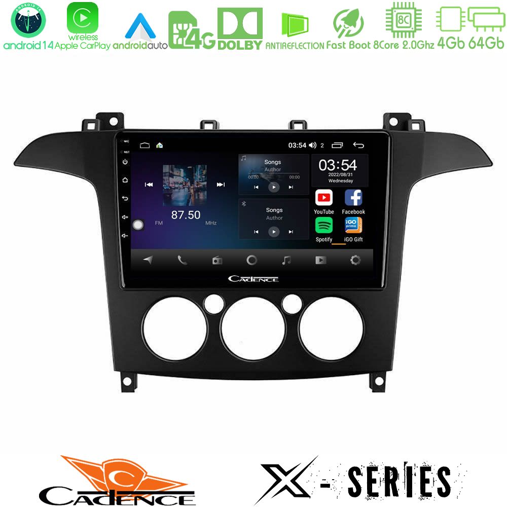 Cadence X Series Ford S-Max 2006-2008 (manual A/C) 8core Android 14 4+64GB Navigation Multimedia Tablet 9"