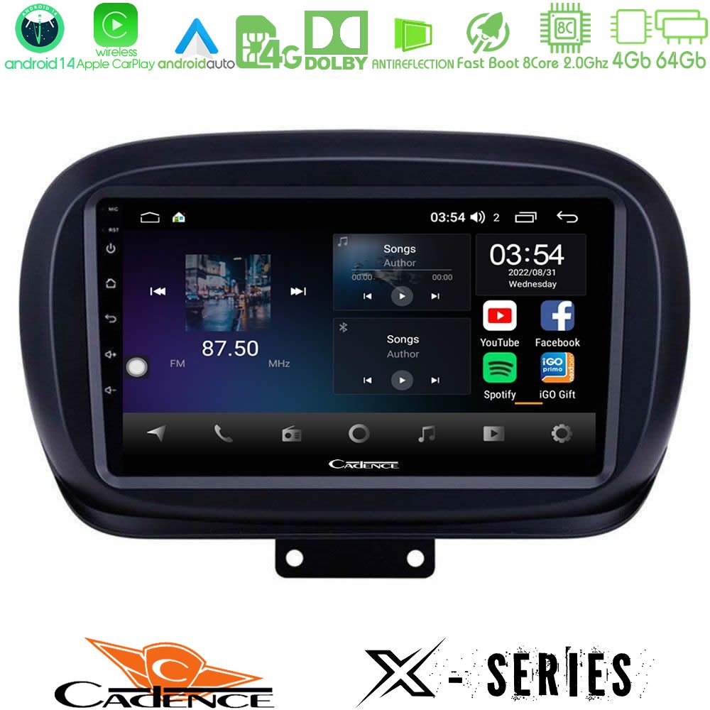 Cadence X Series Fiat 500X 8core Android 14 4+64GB Navigation Multimedia Tablet 9"