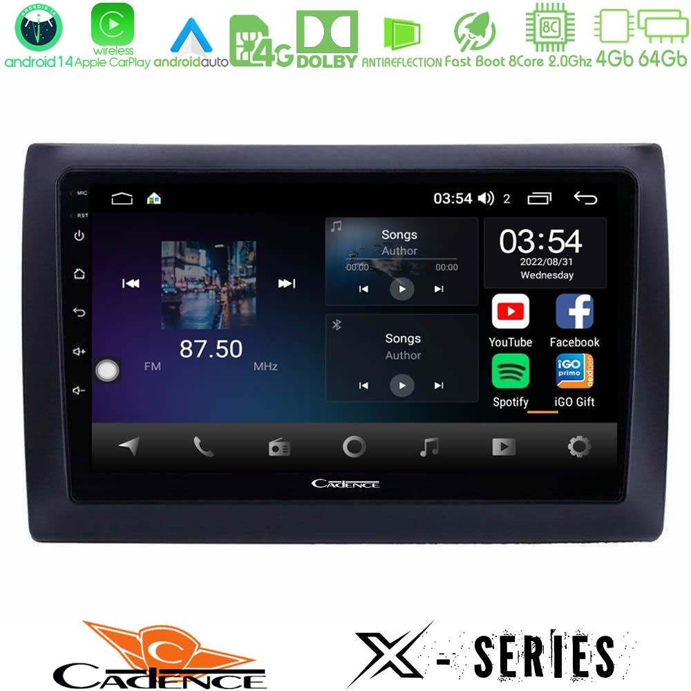 Cadence X Series Fiat Stilo 8core Android 14 4+64GB Navigation Multimedia Tablet 9"