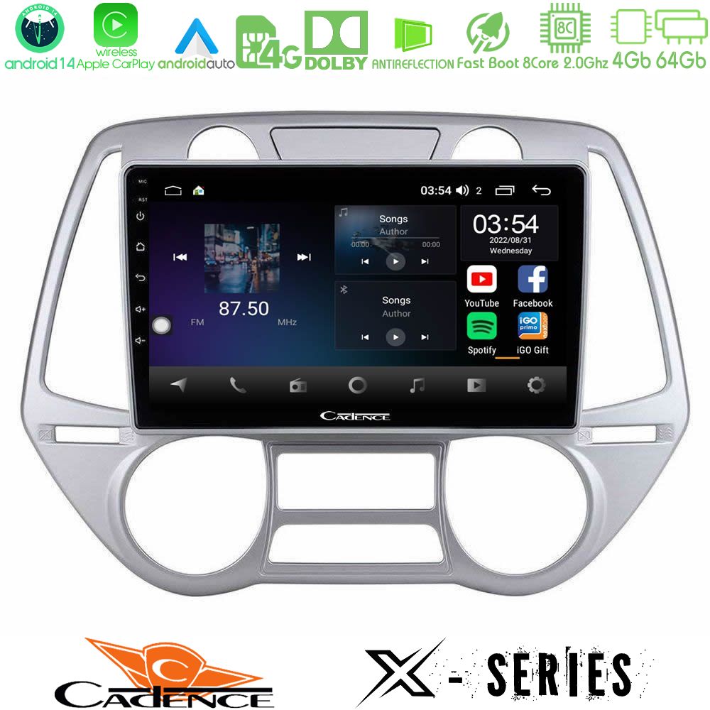 Cadence X Series Hyundai i20 2009-2012 Auto A/C 8core Android 14 4+64GB Navigation Multimedia Tablet 9"