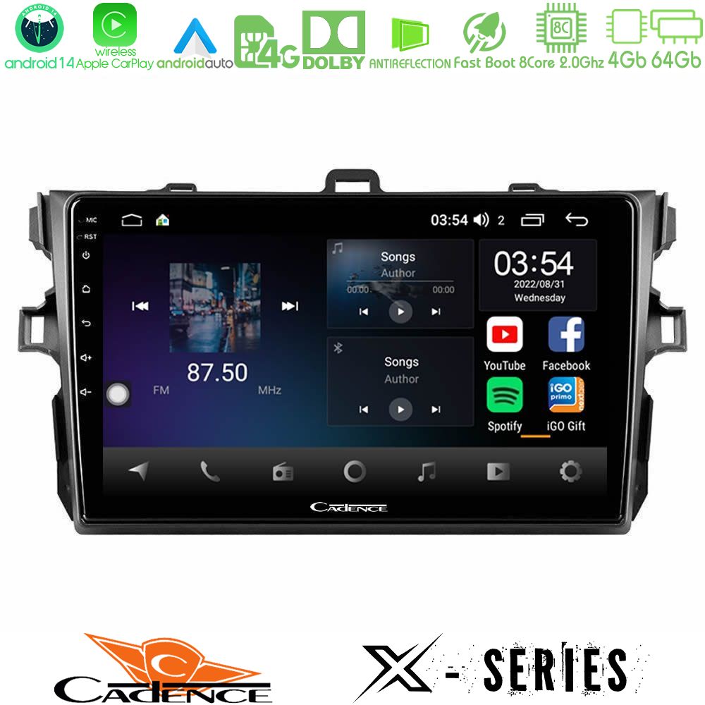Cadence X Series Toyota Corolla 2007-2012 8core Android 14 4+64GB Navigation Multimedia Tablet 9"