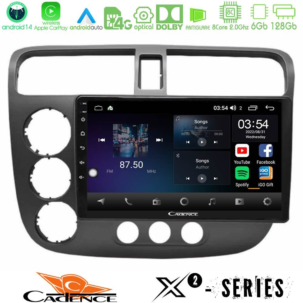 Cadence X2 Series 8Core Android14 6+128GB  Honda Civic 2001-2005 Navigation Multimedia Tablet 9"