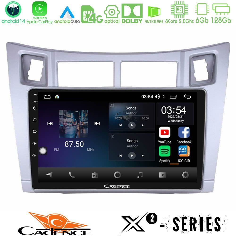 Cadence X2 Series 8Core Android14 6+128GB  Toyota Yaris Navigation Multimedia Tablet 9" (Ασημί Χρώμα)