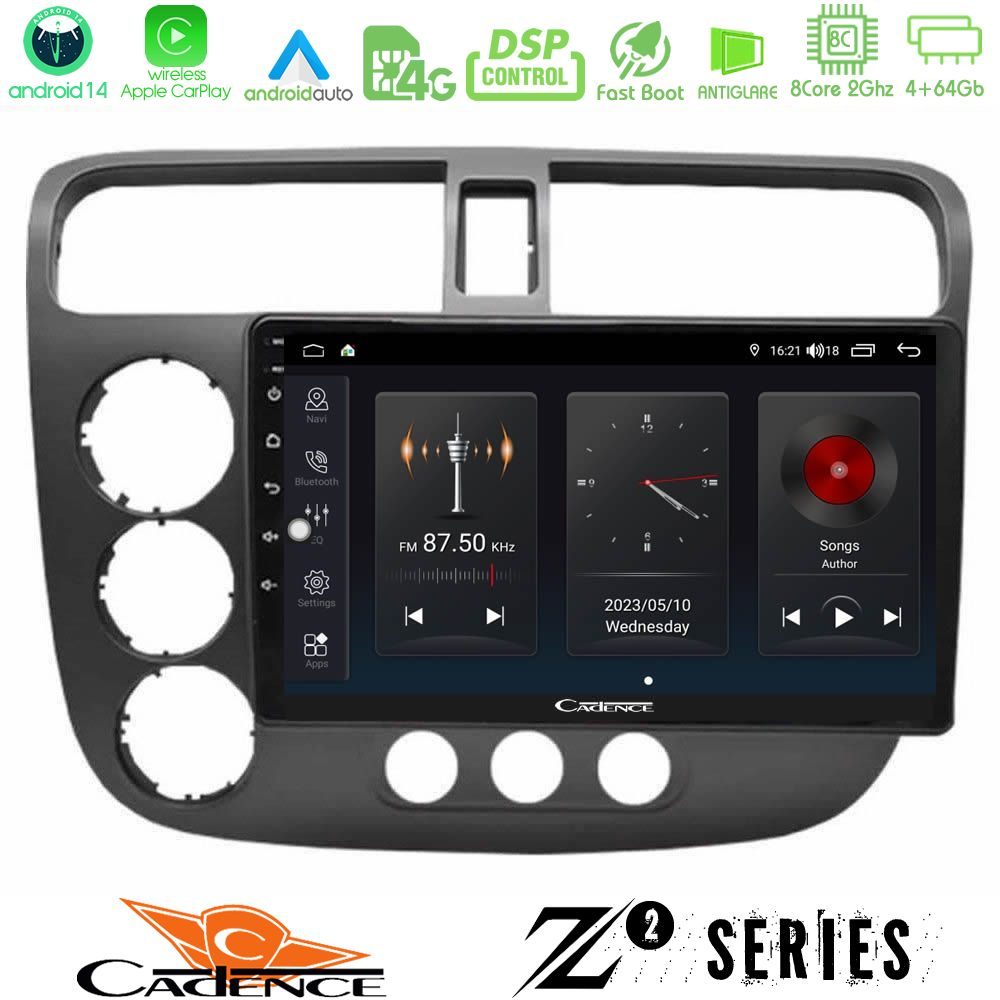Cadence Z2 Series 8Core Android14 4+64GB  Honda Civic 2001-2005 Navigation Multimedia Tablet 9" Με Carplay & Android Auto