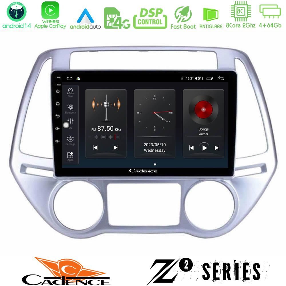 Cadence Z2 Series 8Core Android14 4+64GB  Hyundai i20 2012-2014 Navigation Multimedia Tablet 9" Με Carplay & Android Auto