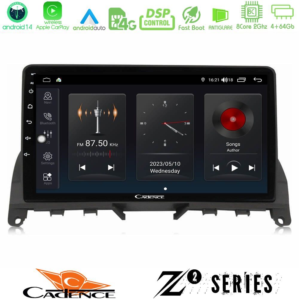 Cadence Z2 Series 8Core Android14 4+64GB  Mercedes C Class W204 Navigation Multimedia Tablet 9" Με Carplay & Android Auto (Σκούρο καφέ)