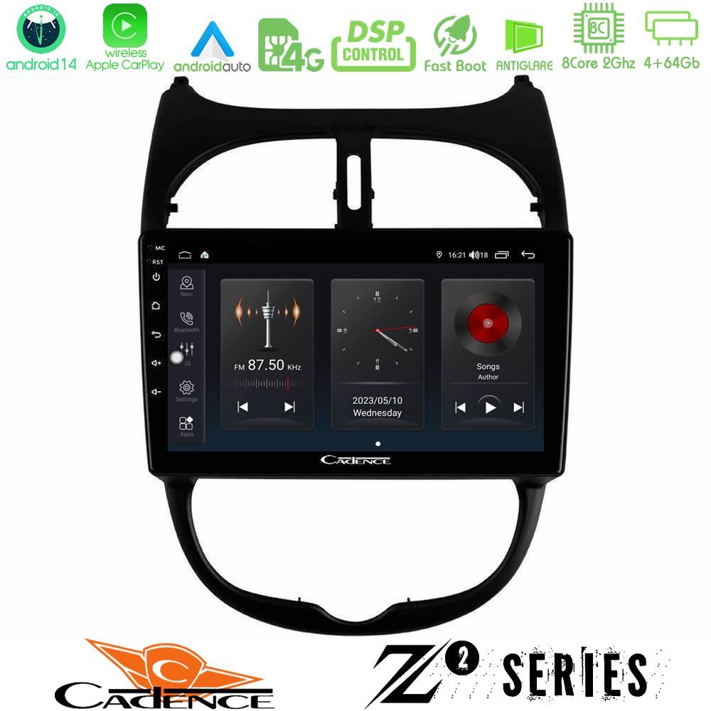 Cadence Z2 Series 8Core Android14 4+64GB  Peugeot 206 Navigation Multimedia Tablet 9" Με Carplay & Android Auto