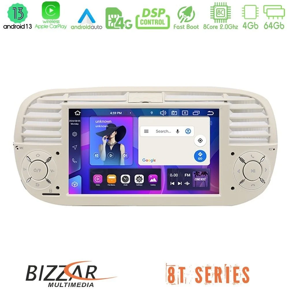 Bizzar Fiat 500 2008-2015 8core Android14 4+64GB Navigation Multimedia Deckless 7" με Carplay/AndroidAuto (OEM Style/Beige Color)