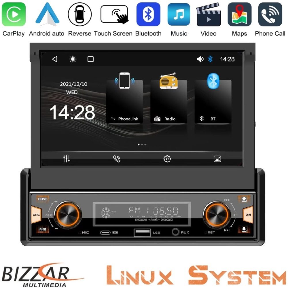 Bizzar 1DIN Deck Multimedia Deckless 7" με Carplay/AndroidAuto CA-80CPW
