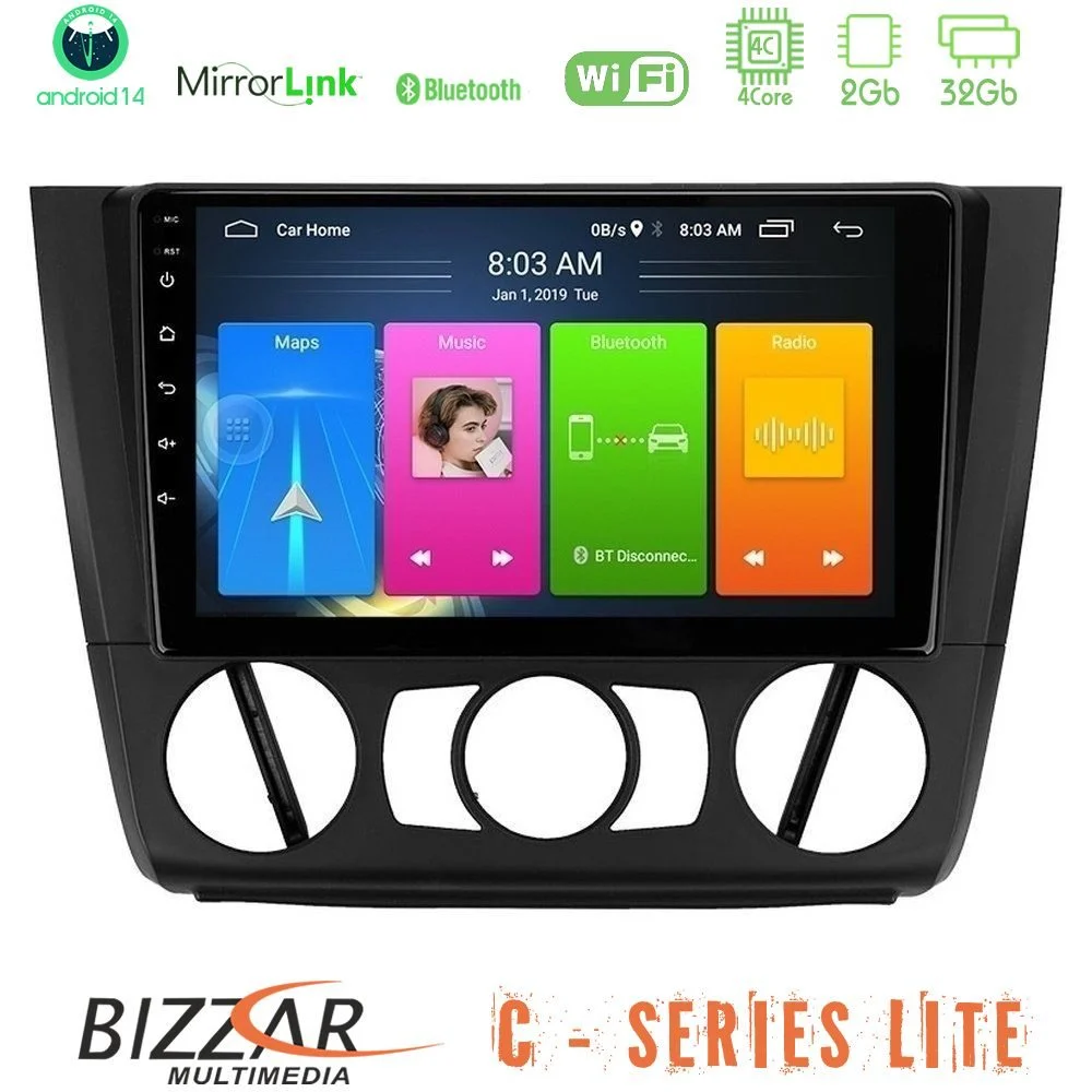 Bizzar C Series Lite 4Core Android14 2+32GB  BMW 1Series Lite  E81/E82/E87/E88 (MANUAL A/C) Navigation Multimedia Tablet 9"