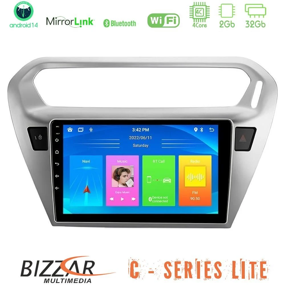 Bizzar C Series Lite 4Core Android14 2+32GB Citroën C-Elysée / Peugeot 301 Navigation Multimedia Tablet 9"