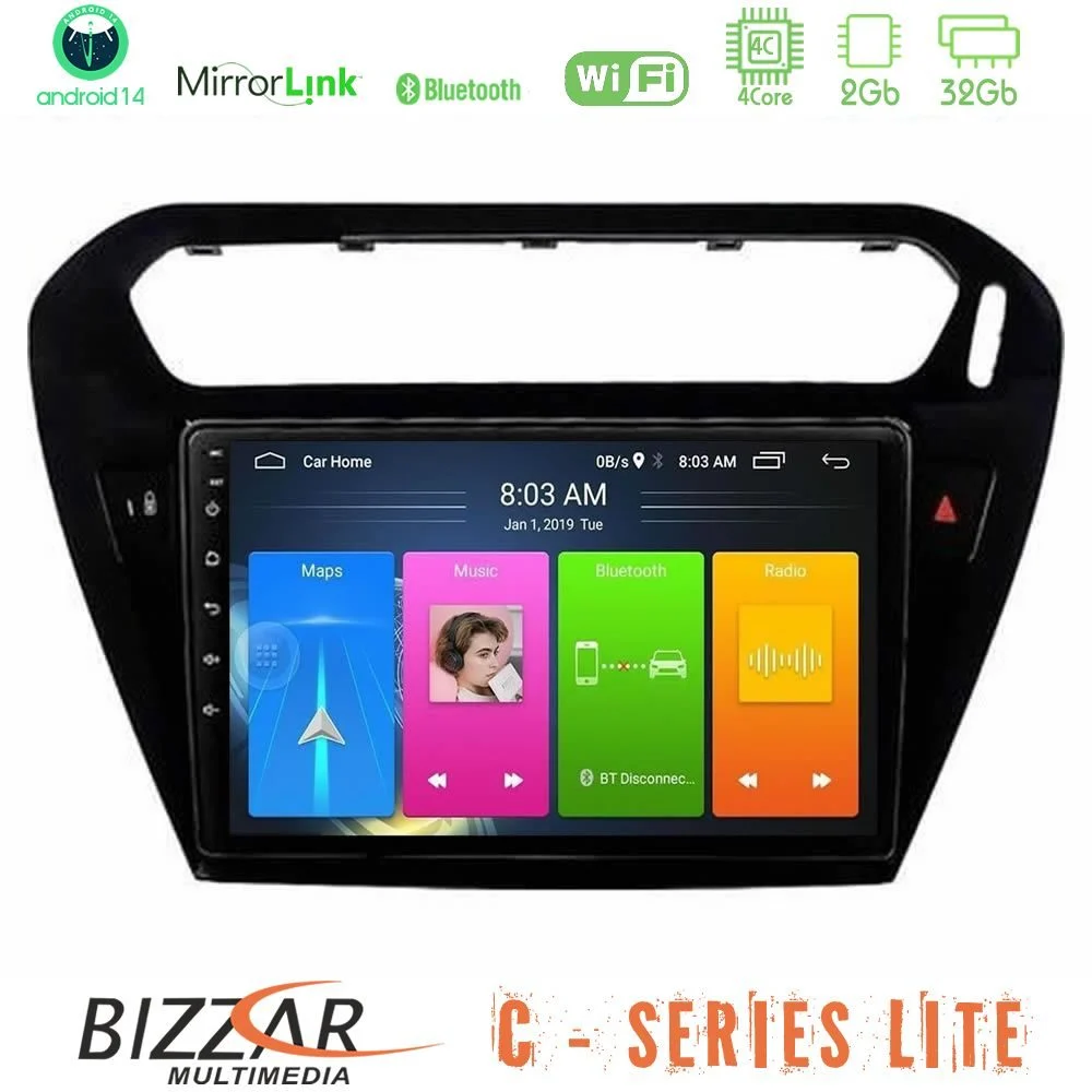 Bizzar C Series Lite 4Core Android14 2+32GB Citroen C-Elysee / Peugeot 301 Navigation Multimedia Tablet 9" (Μαύρο))