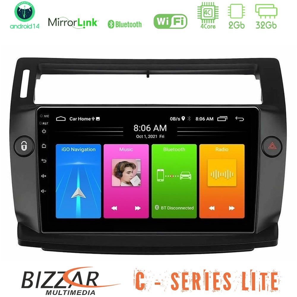 Bizzar C Series Lite 4Core Android14 2+32GB  Citroen C4 2004-2010 Navigation Multimedia Tablet 9"