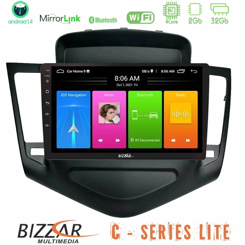 Bizzar C Series Lite 4Core Android14 2+32GB     Chevrolet Cruze 2009-2012 Navigation Multimedia Tablet 9"    (Μαύρο)