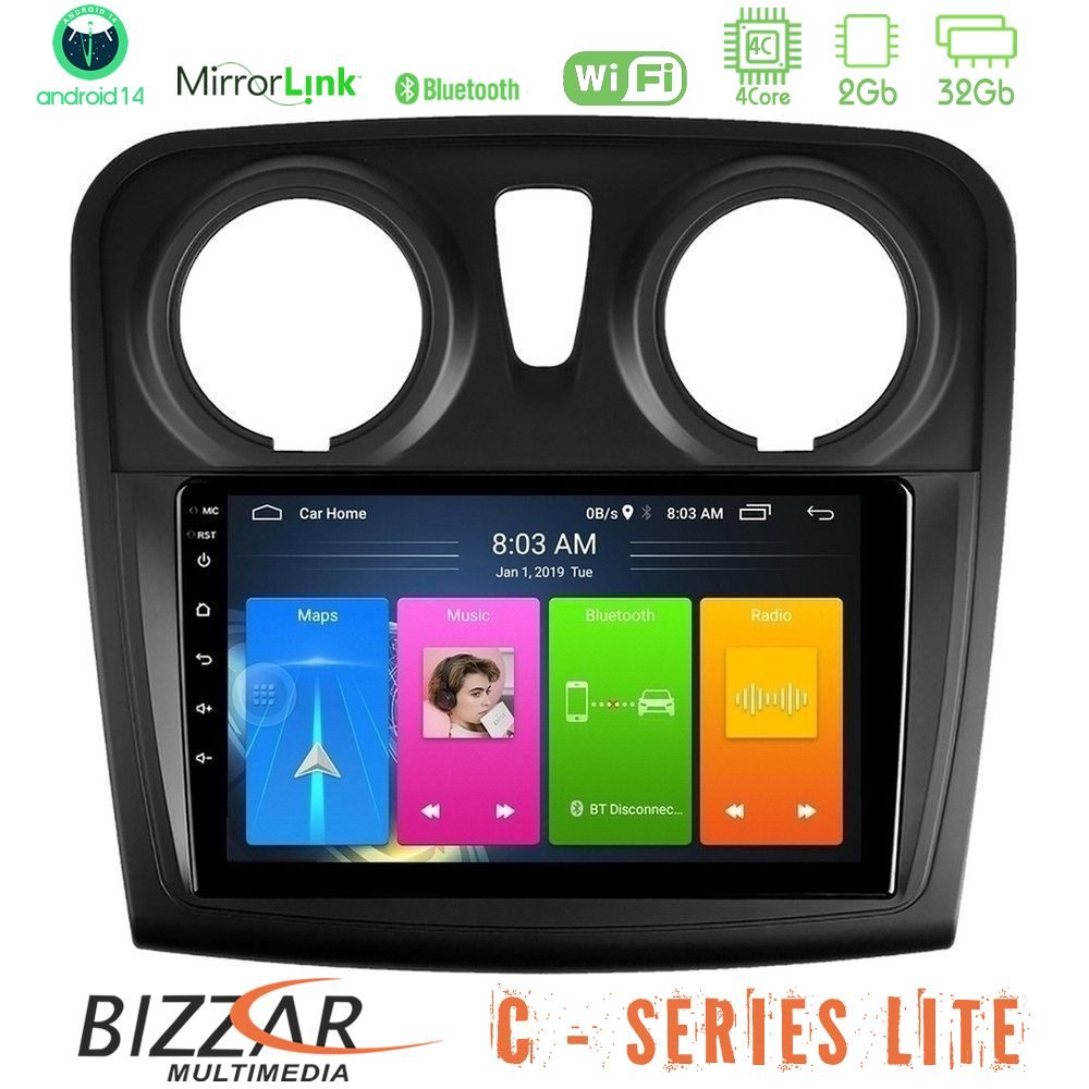 Bizzar C Series Lite 4Core Android14 2+32GB Dacia Sandero 2014-2020 Navigation Multimedia Tablet 9"