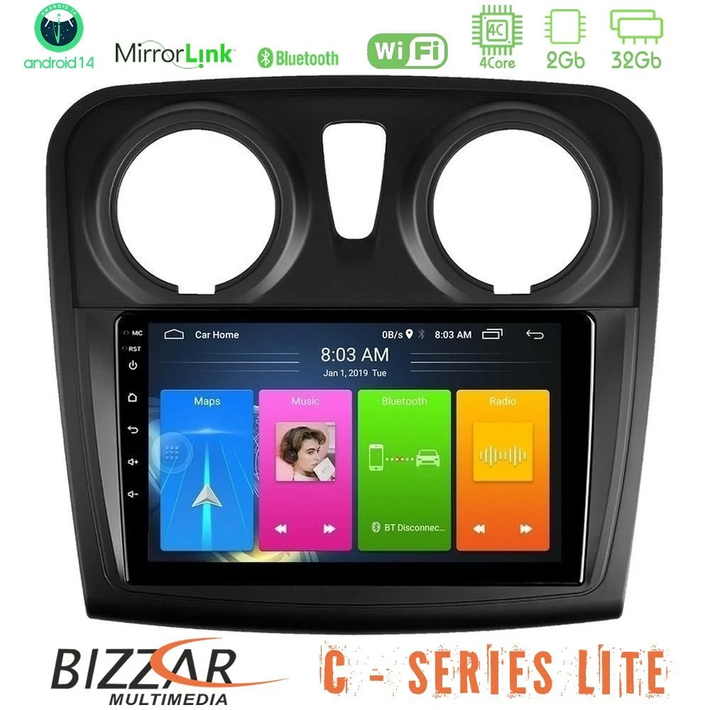 Bizzar C Series Lite 4Core Android14 2+32GB Dacia Sandero 2014-2020 Navigation Multimedia Tablet 9"