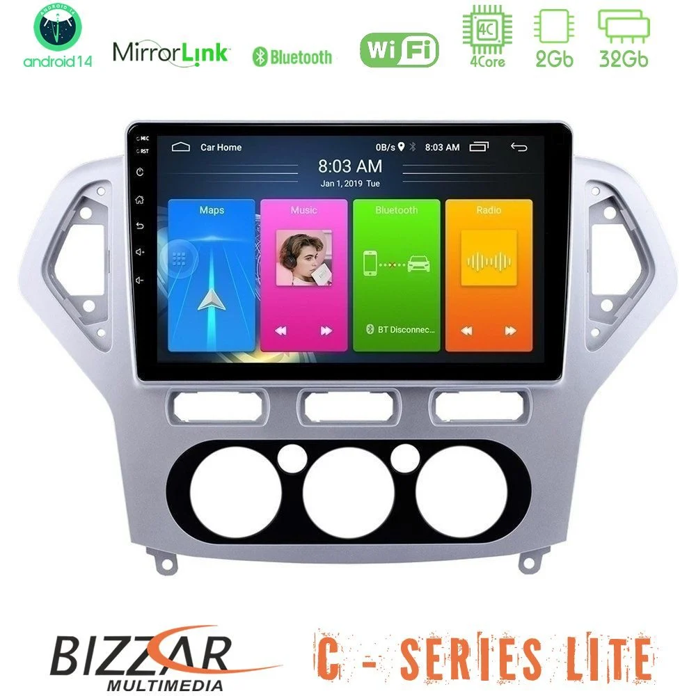 Bizzar C Series Lite 4Core Android14 2+32GB Ford Mondeo 2007-2010 Manual A/C Navigation Multimedia Tablet 10"