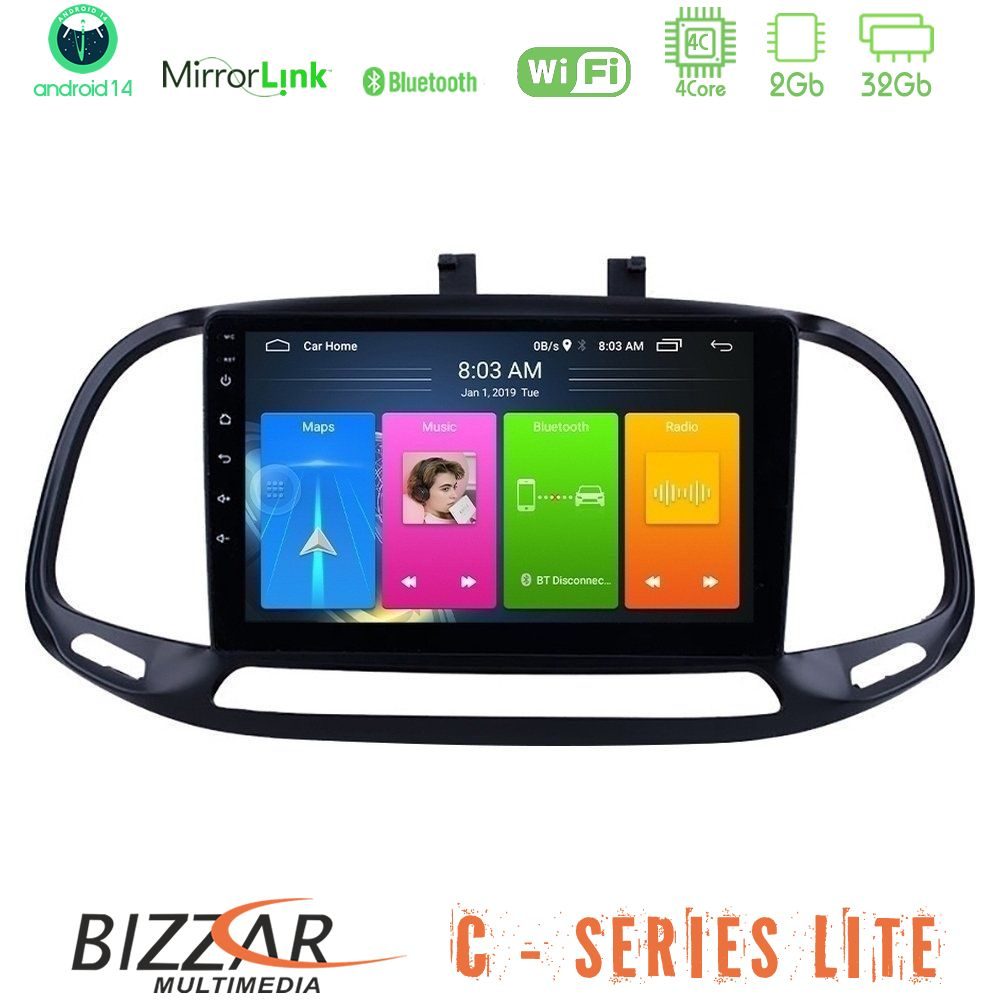 Bizzar C Series Lite 4Core Android14 2+32GB Fiat Doblo 2015-2022 Navigation Multimedia Tablet 9"