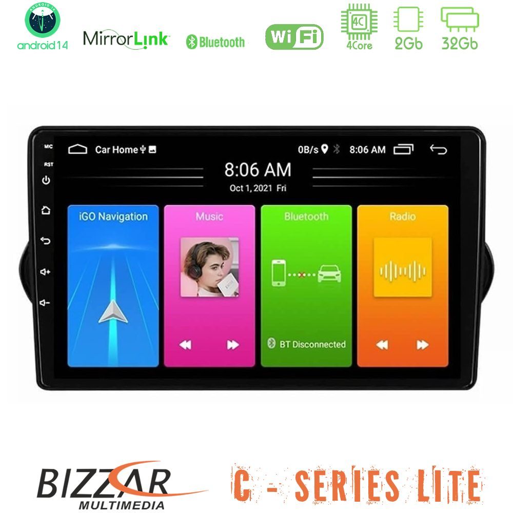 Bizzar C Series Lite 4Core Android14 2+32GB  Fiat Tipo 2015-2022 (Hatchback) Navigation Multimedia Tablet 9"