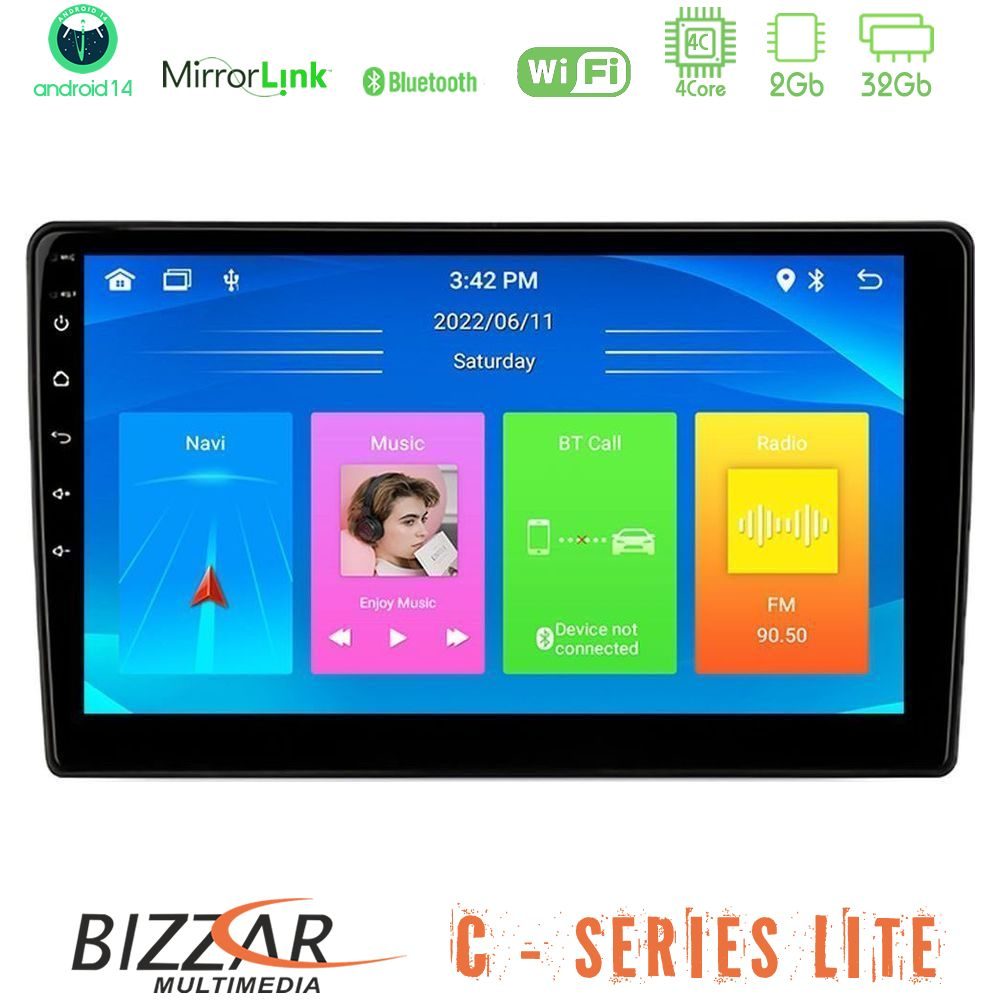 Bizzar C Series Lite 4Core Android14 2+32GB Fiat Panda 2003-2012 Navigation Multimedia Tablet 9"