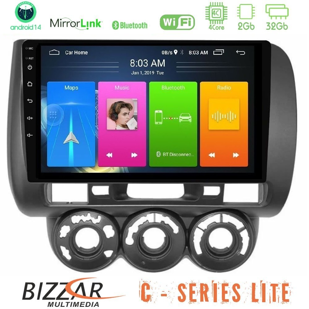 Bizzar C Series Lite 4Core Android14 2+32GB Honda Jazz (Fit) 2002-2008 (RHD) Manual A/C Navigation Multimedia Tablet 9"