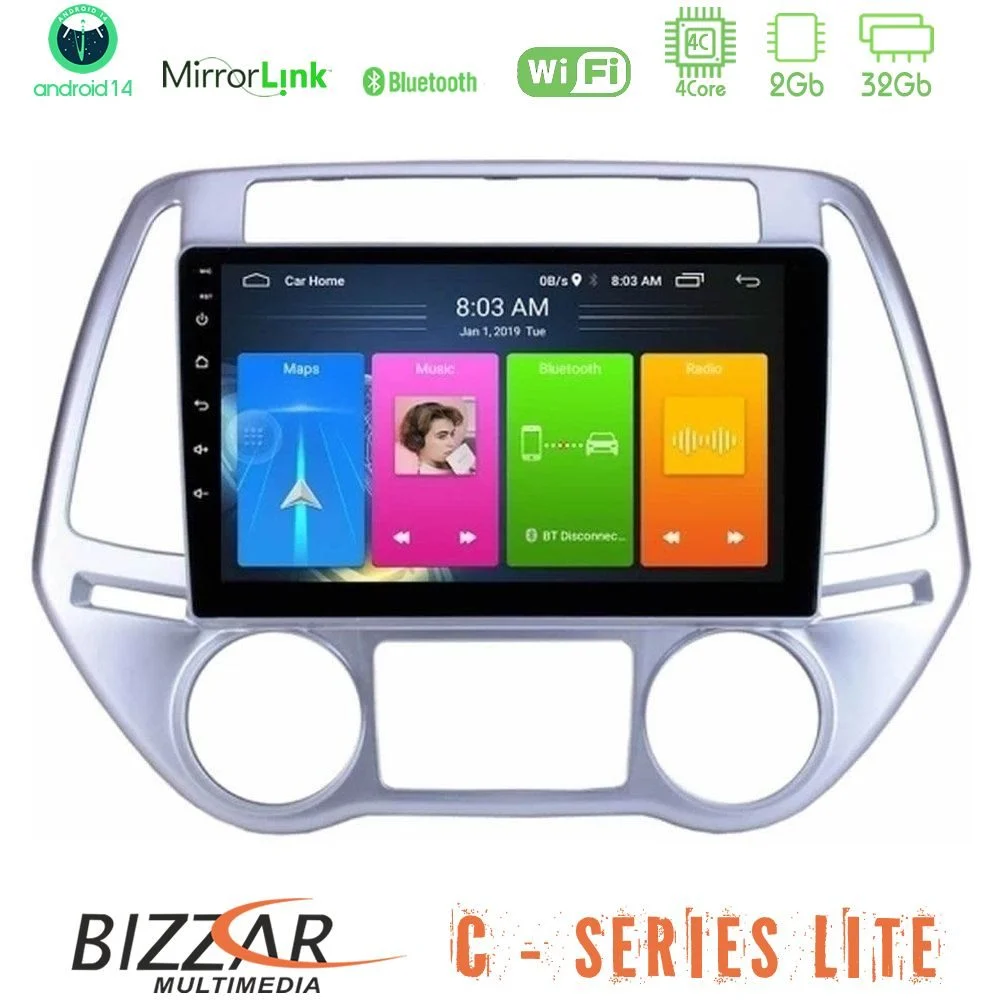 Bizzar C Series Lite 4Core Android14 2+32GB  Hyundai i20 2012-2014 Navigation Multimedia Tablet 9"