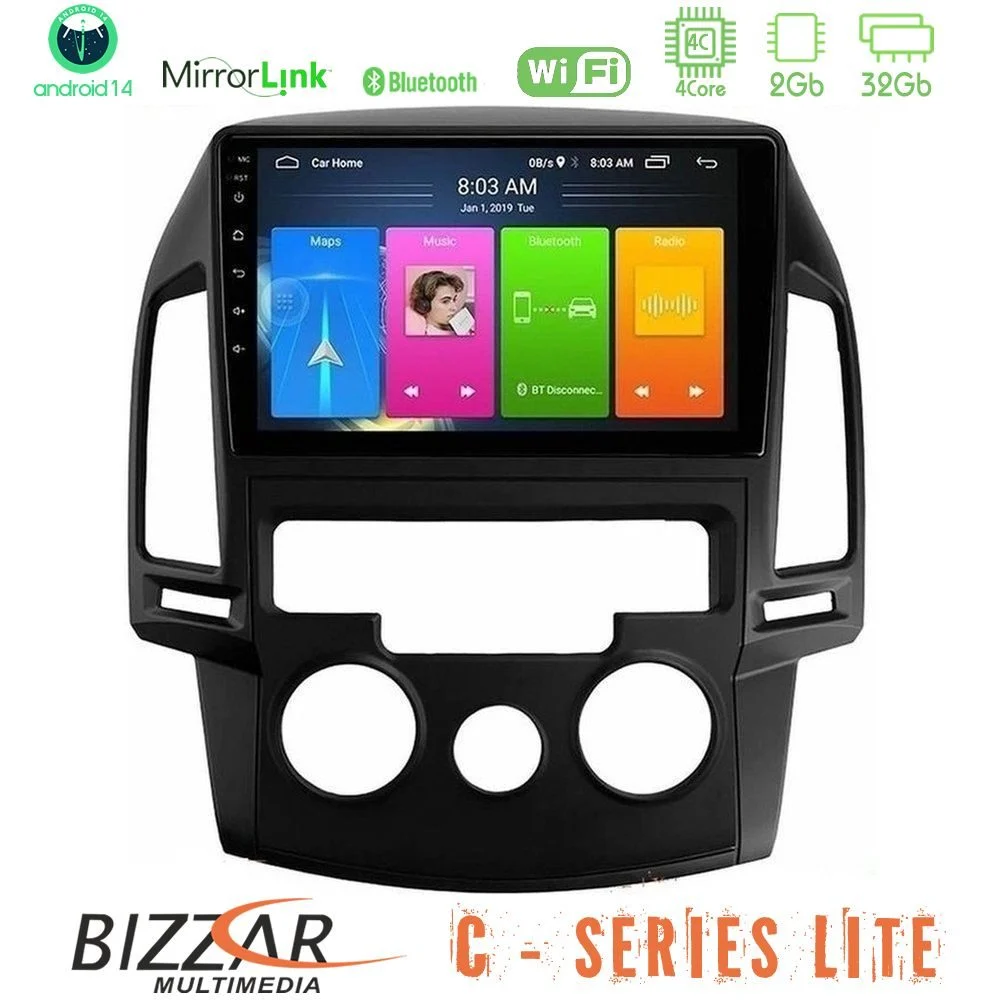 Bizzar C Series Lite 4Core Android14 2+32GB Hyundai i30 2007-2012 Manual A/C Navigation Multimedia Tablet 9"