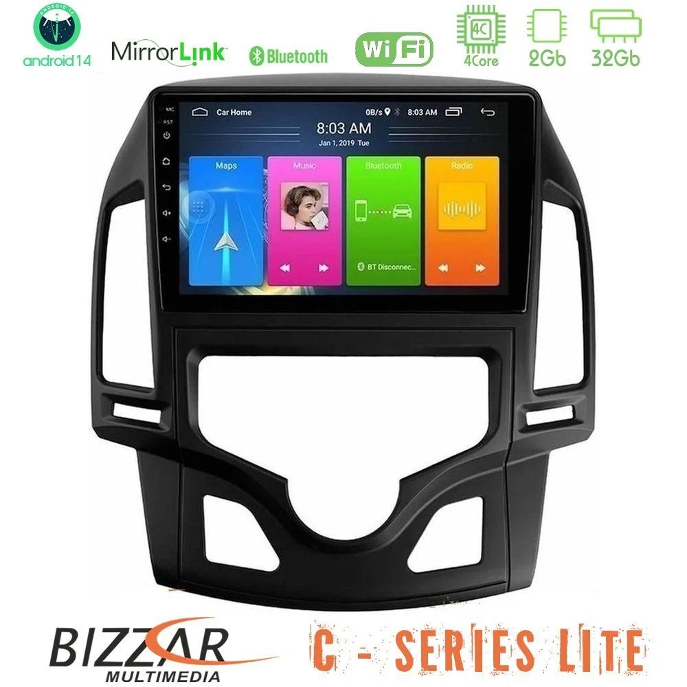 Bizzar C Series Lite 4Core Android14 2+32GB Hyundai i30 2007-2012 Auto A/C Navigation Multimedia Tablet 9"