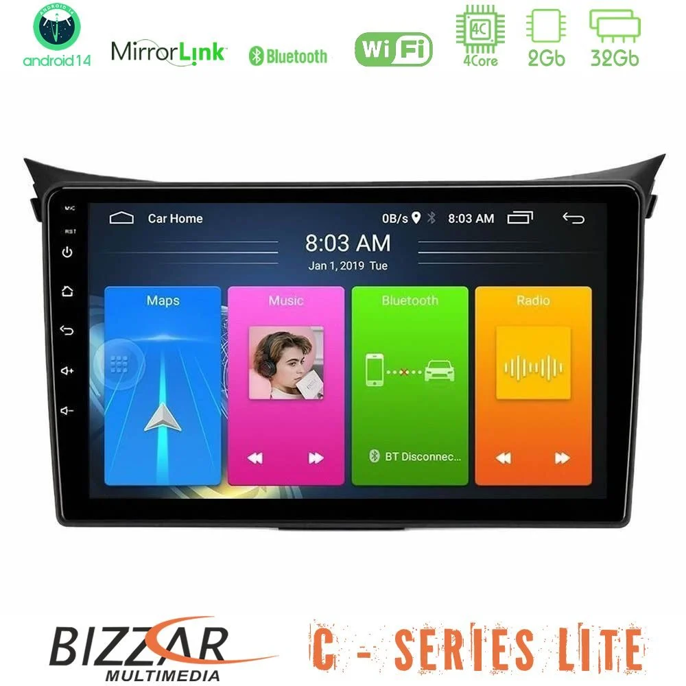 Bizzar C Series Lite 4Core Android14 2+32GB Hyundai i30 2012-2017 Navigation Multimedia Tablet 9"
