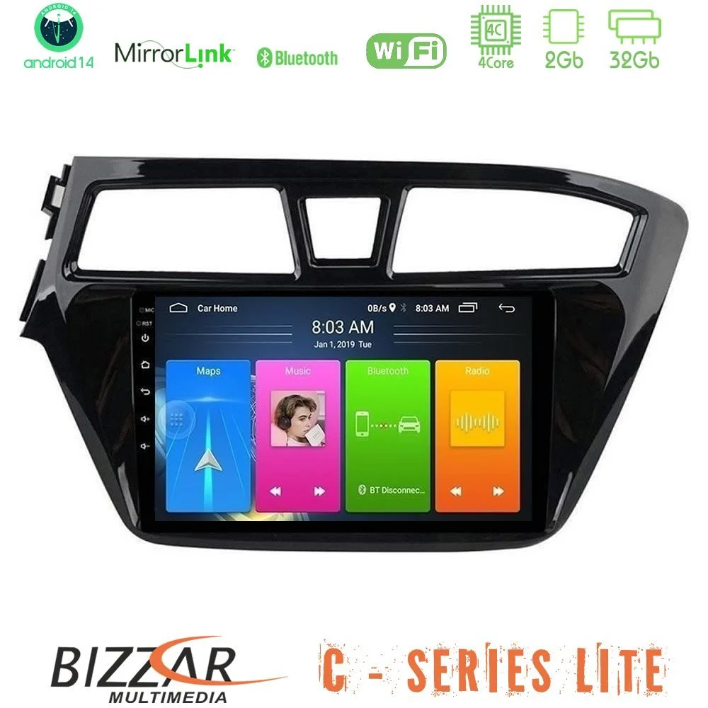 Bizzar C Series Lite 4Core Android14 2+32GB Hyundai i20 2014-2018 Navigation Multimedia Tablet 9"
