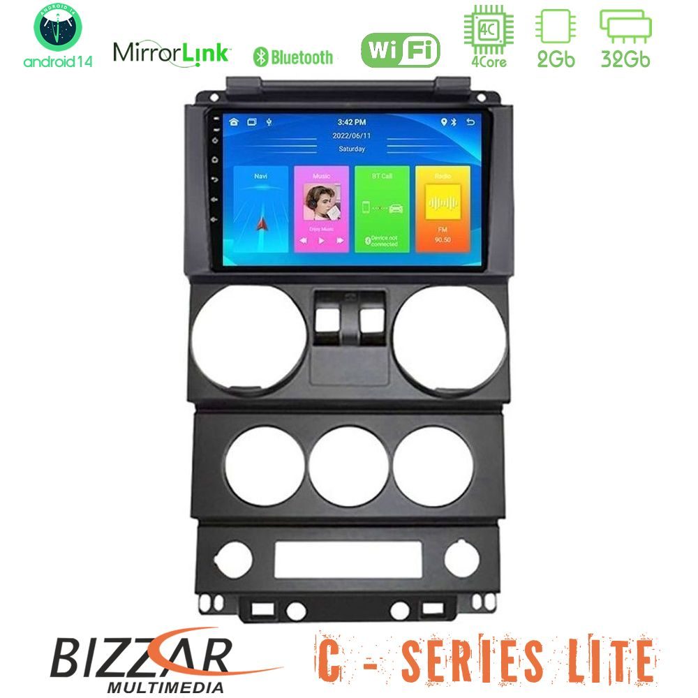 Bizzar C Series Lite 4Core Android14 2+32GB Jeep Wrangler 2Door 2008-2010 Navigation Multimedia Tablet 9"