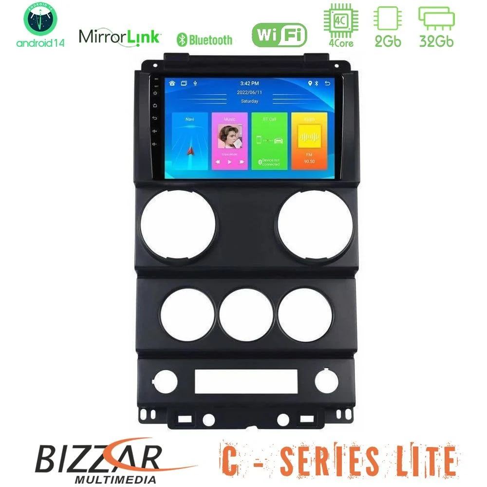 Bizzar C Series Lite 4Core Android14 2+32GB  Jeep Wrangler 2Door 2008-2010 Navigation Multimedia Tablet 9"