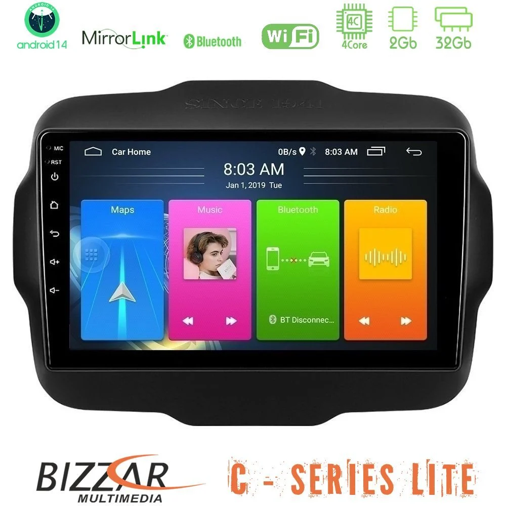 Bizzar C Series Lite 4Core Android14 2+32GB Jeep Renegade 2015-2019 Navigation Multimedia Tablet 9"