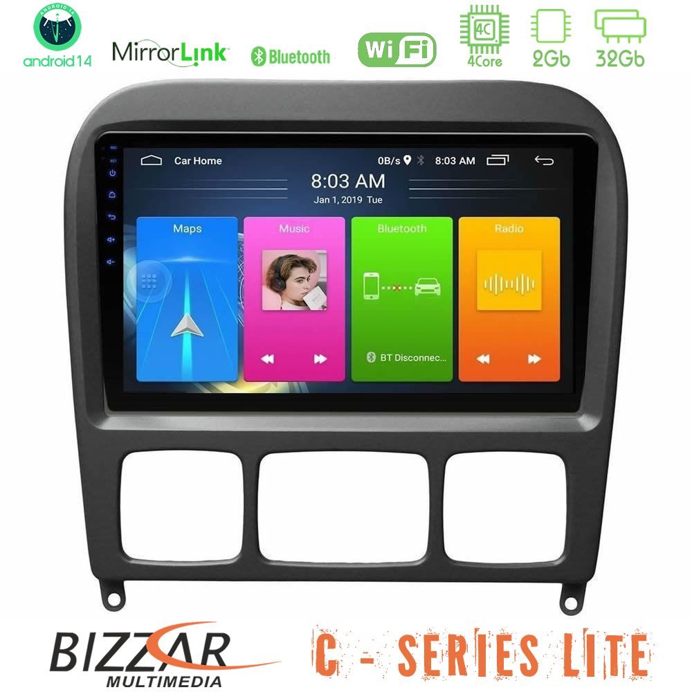 Bizzar C Series Lite 4Core Android14 2+32GB Mercedes S Class 1999-2004 (W220) Navigation Multimedia Tablet 9"