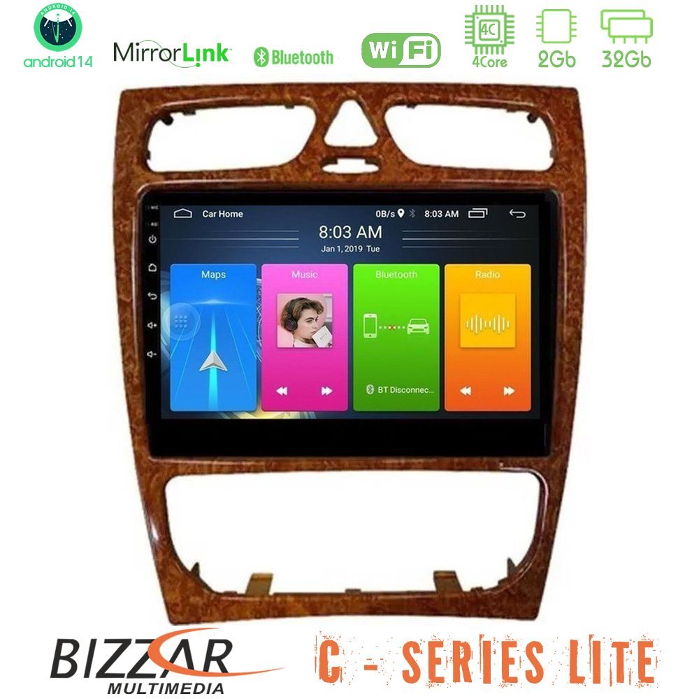 Bizzar C Series Lite 4Core Android14 2+32GB Mercedes C Class (W203) Navigation Multimedia Tablet 9" (Wooden Style)
