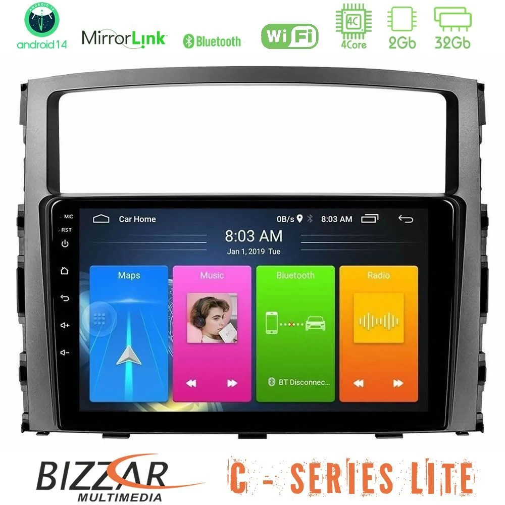Bizzar C Series Lite 4Core Android14 2+32GB  Mitsubishi Pajero 2008-2009 Navigation Multimedia Tablet 9"