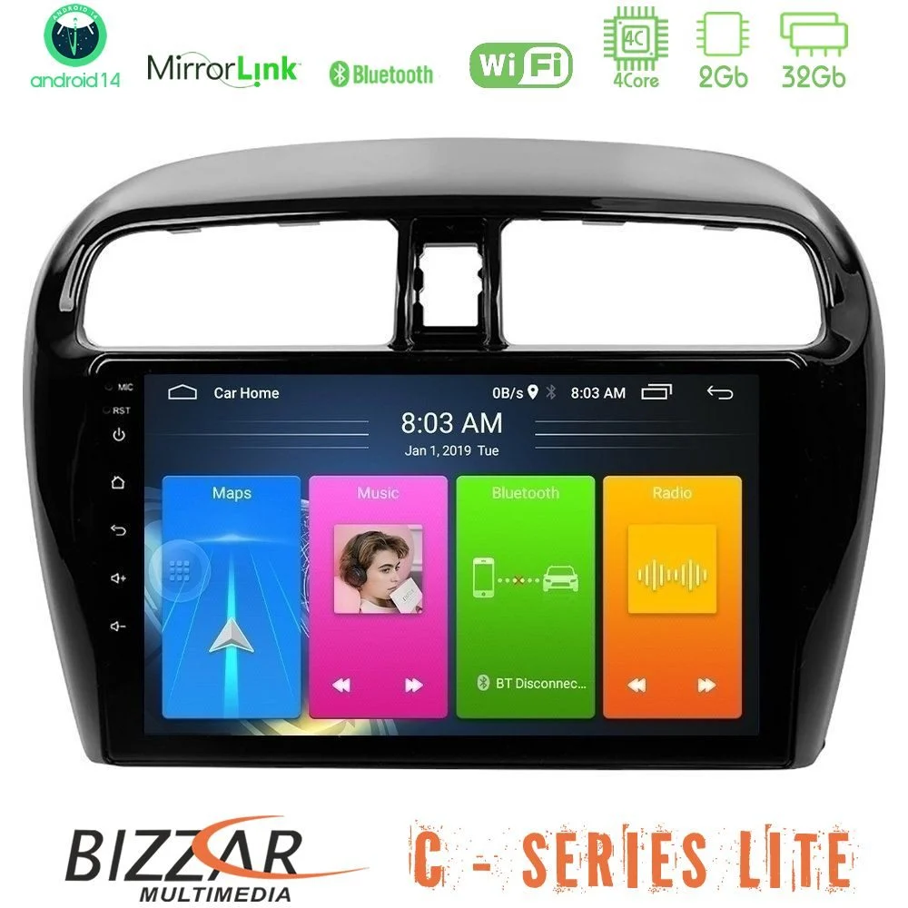 Bizzar C Series Lite 4Core Android14 2+32GB  Mitsubishi Space Star 2013-2016 Navigation Multimedia Tablet 9"