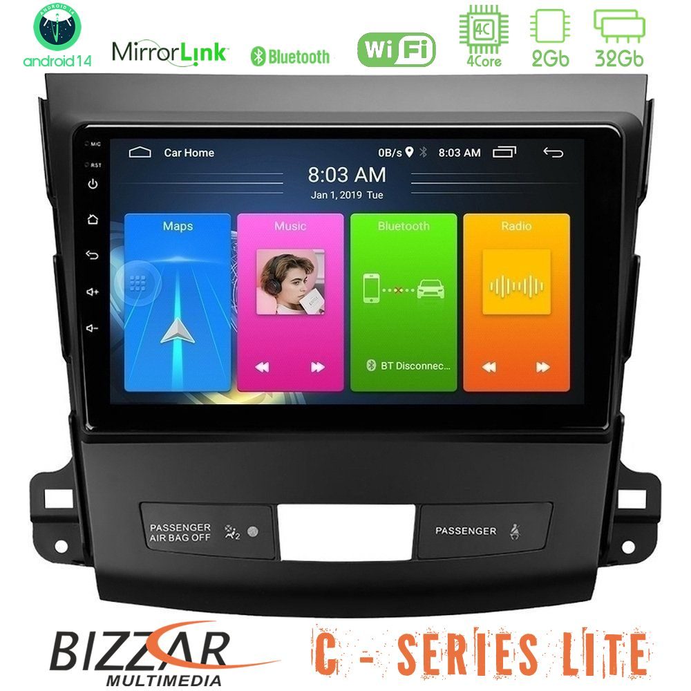 Bizzar C Series Lite 4Core Android14 2+32GB Mitsubishi Outlander/Citroen C-Crosser/Peugeot 4007 Navigation Multimedia Tablet 9"