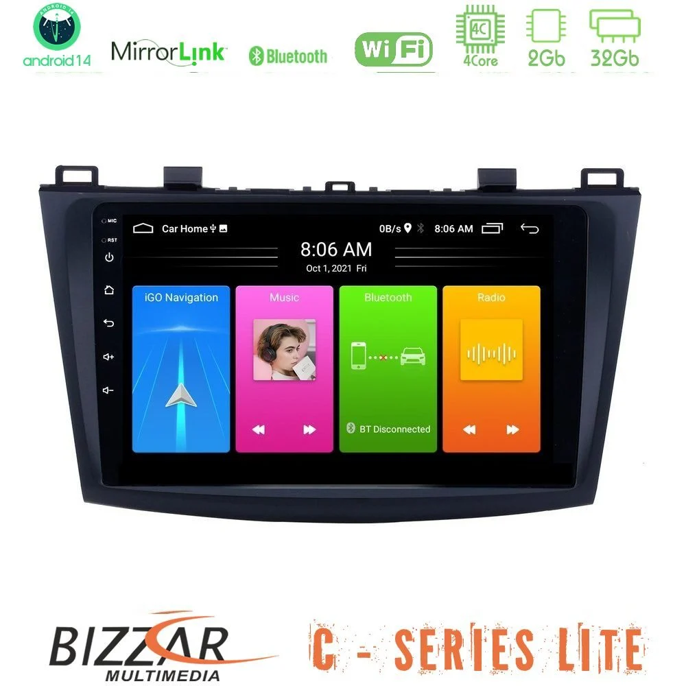 Bizzar C Series Lite 4Core Android14 2+32GB  Mazda 3 2009-2014 Navigation Multimedia Tablet 9"