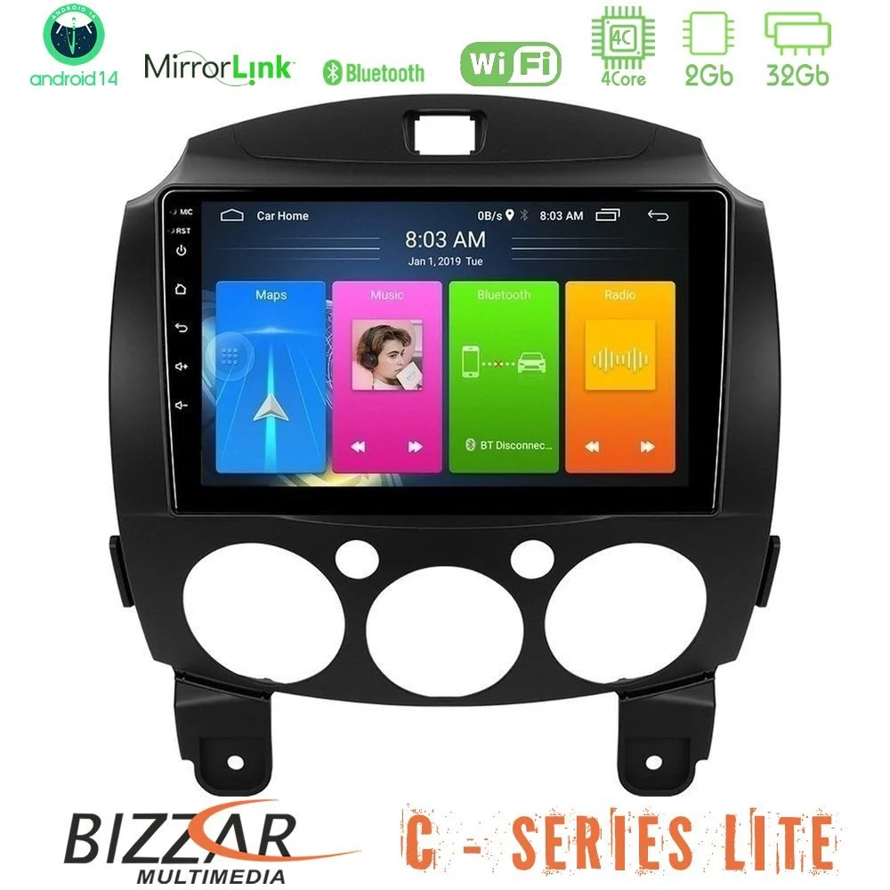 Bizzar C Series Lite 4Core Android14 2+32GB Mazda 2 2008-2014 Navigation Multimedia Tablet 9"