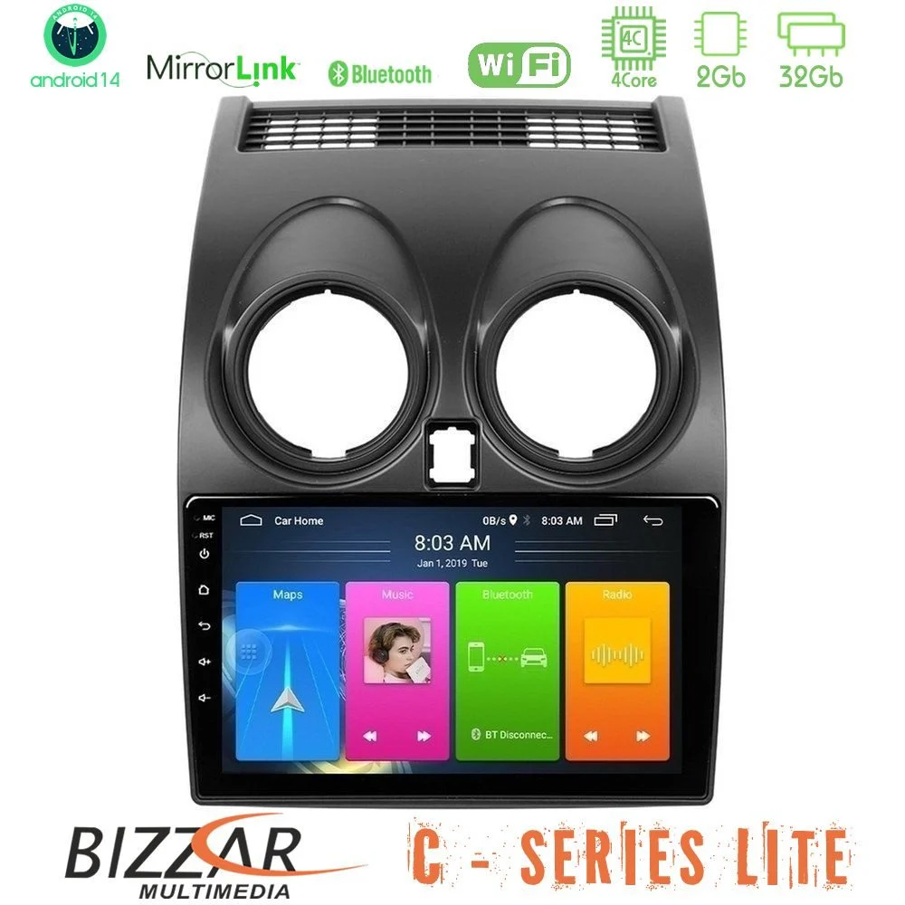 Bizzar C Series Lite 4Core Android14 2+32GB Nissan Qashqai J10 Navigation Multimedia Tablet 9"