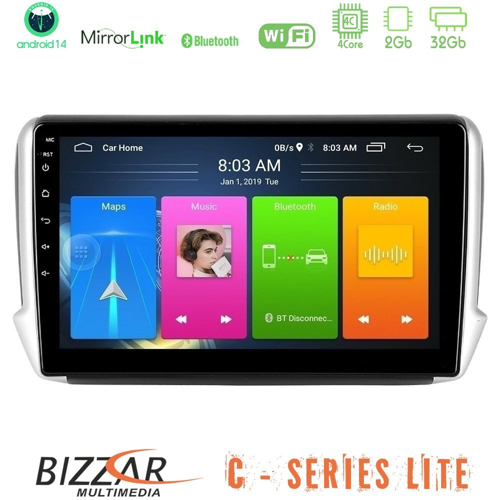 Bizzar C Series Lite 4Core Android14 2+32GB Peugeot 208/2008 Navigation Multimedia Tablet 10"